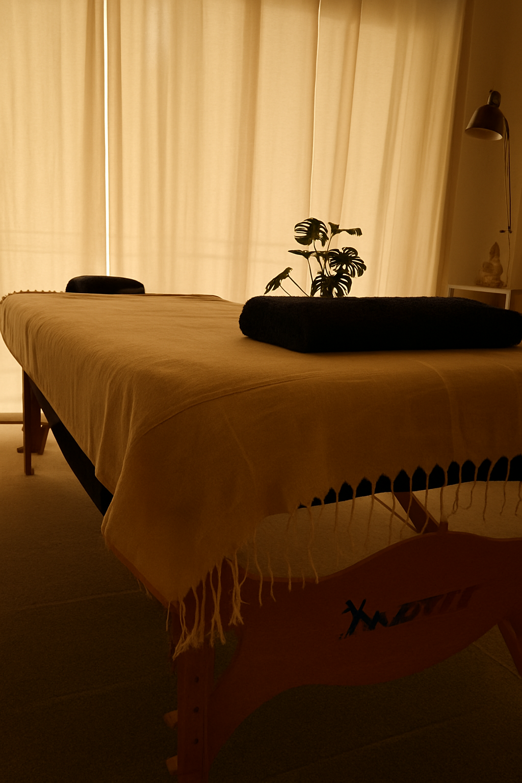 Ambiance de massage bien-être à Reims – lumière douce et atmosphère apaisante.