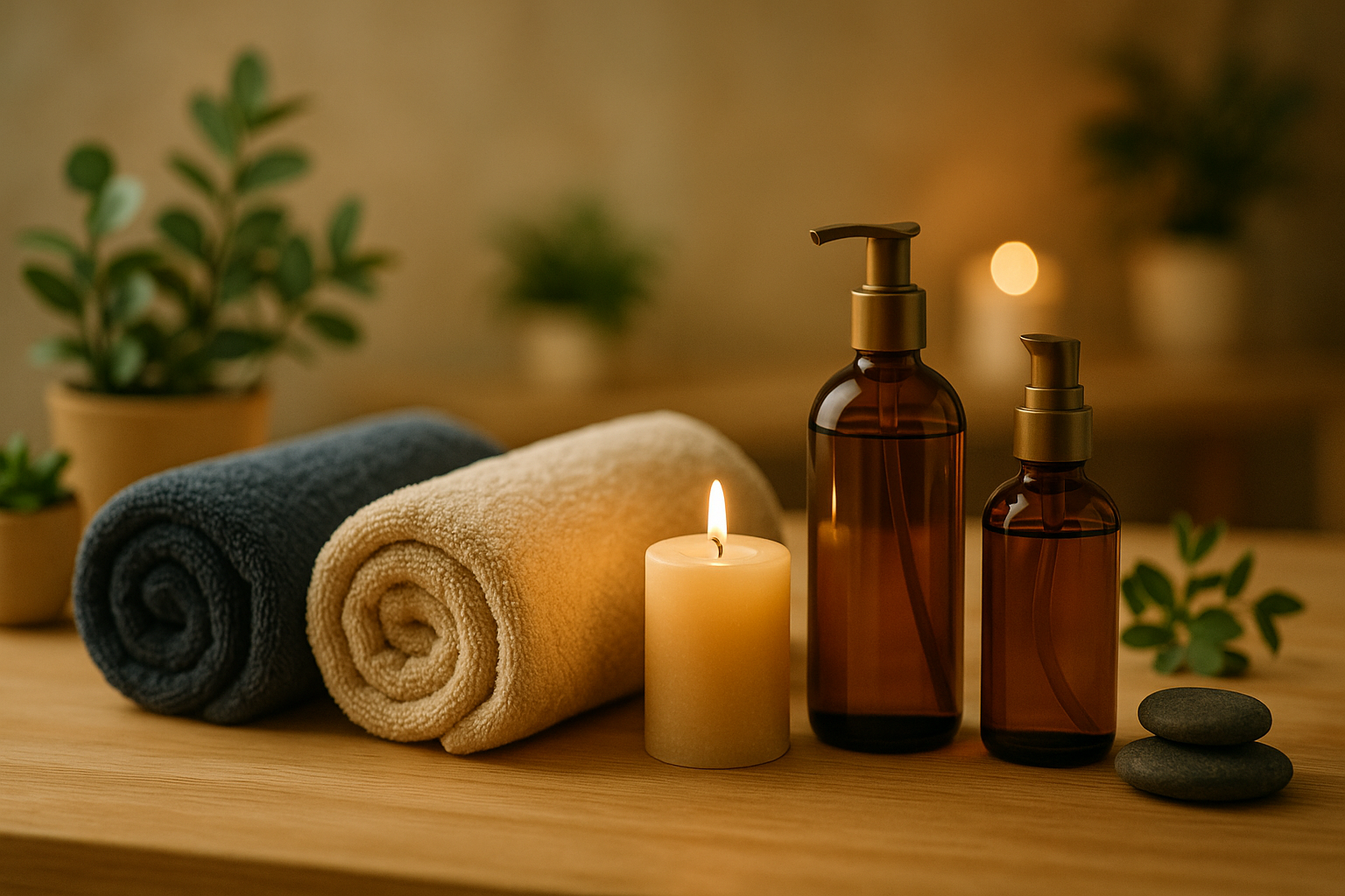 Ambiance spa NS Bien-Être à Reims avec serviettes, bougie et huiles de massage